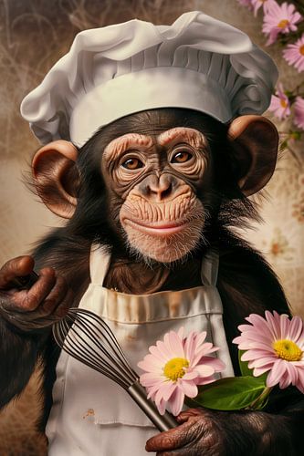 Fröhlicher Koch - Schimpanse mit Blumen und Schneebesen