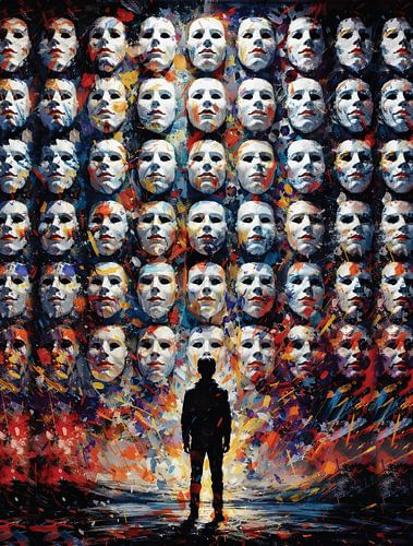 Gezichtsloos geconfronteerd met maskers Impasto Surrealistisch portret