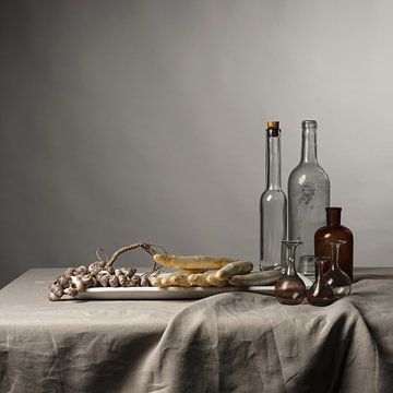 modern still life with asparagus, shells and glassware [square].