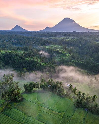 Bali bij zonsopkomst: rijstvelden en vulkanen in nevel