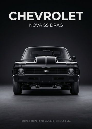 Vorderansicht eines schwarzen Chevrolet Nova SS Drag-Muscle-Cars im Studio