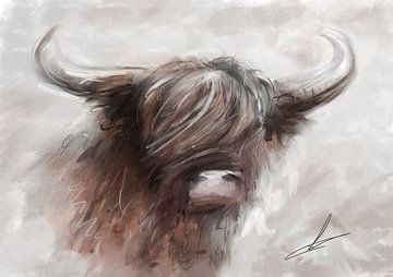 Gemälde eines schottischen Highlanders. Schönes ländliches Kunstwerk mit weichen warmen Grautönen ko von Emiel de Lange