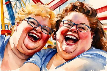 2 gezellige dames lachend op de kermis van De gezellige Dames