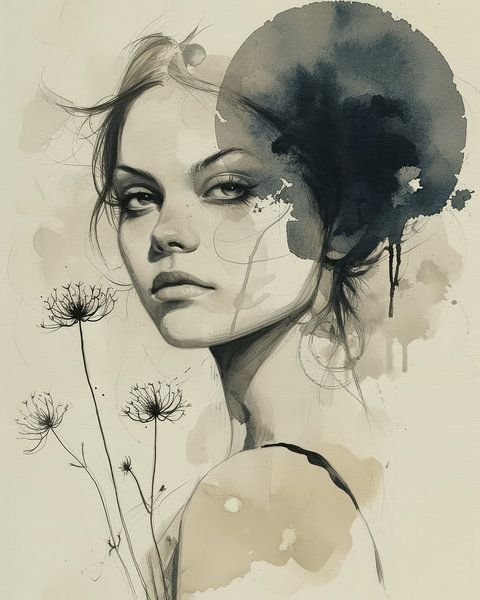 Modern and abstract portrait, watercolour by Carla Van Iersel