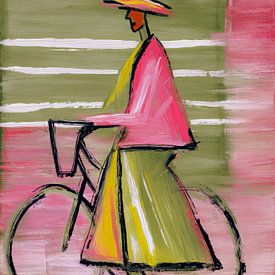 Abstract woman on a bicycle in pink and green by But First Framing