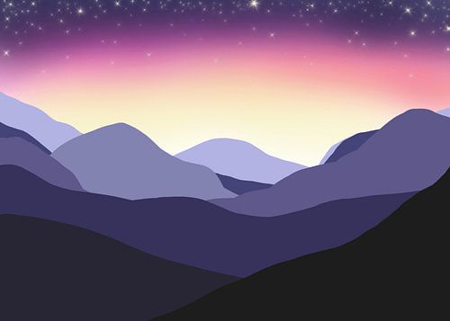 Mountain landscape sunrise with starry sky