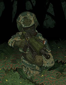 Nederlandse militair in donker bos. van JJ ADX