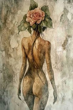 Weiblicher Körper mit Rose - sinnliche Kunst in erdigen Tönen von Marijke Trienekens