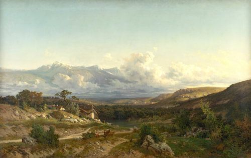 Carlos de Haes-Meisje terug van grazende, landelijk idyllisch landschap, Antiek landschap