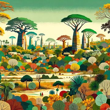 Collage/composigtie Afrikaans landschap met baobab bomen van Lois Diallo