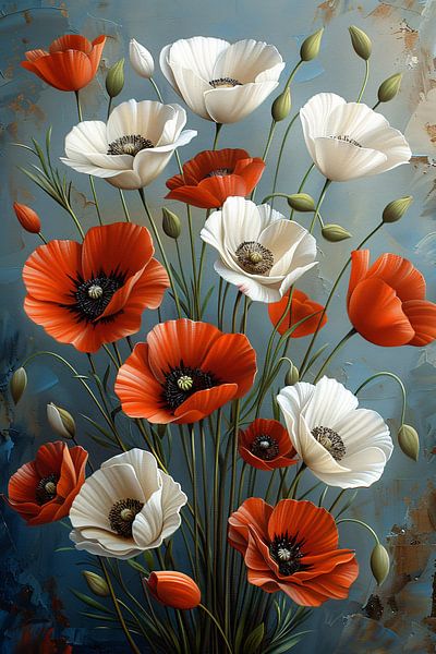 Red and White Flowers on Blue Background Painting by Art & Soul Creations