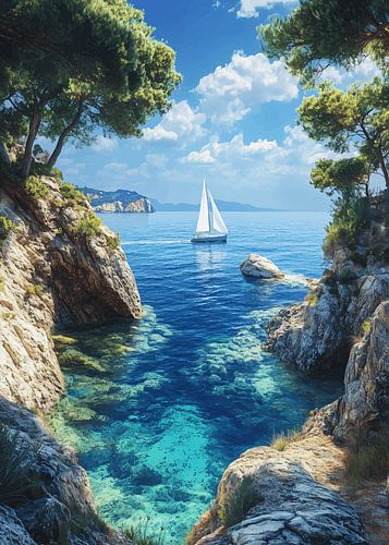 Zeilboot voor de rotskust van de Middellandse Zee