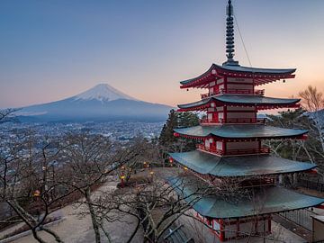 Pagode met uitzicht over de Mount Fuji, Japan van Teun Janssen