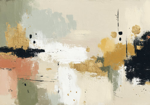 Abstracte muurschildering in aardetinten met gouden accenten en saliegroen