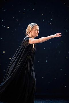 Woman in Black Dress with Arm Extended, Starry Background
