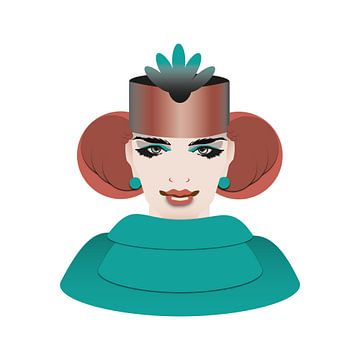 vrouw met rood haar, hoed en oorbellen in turquoise, brique en terracotta van Yke de Vos