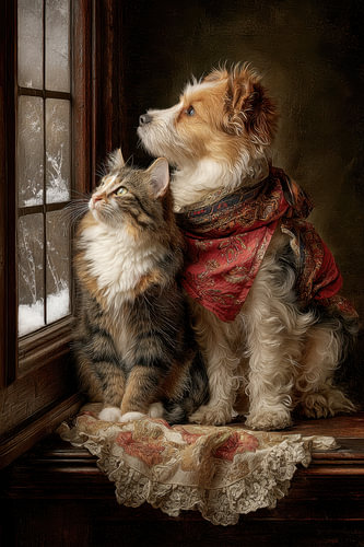 Samen in de Sneeuw -  Dromerig Dierenschilderij