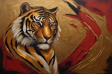 Goldener Tiger Moderne Kunst auf Rot von De Muurdecoratie