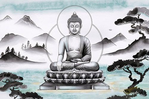 Mediterende Boeddha in serene natuur