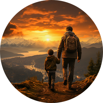 Vader met zijn zoon wandelen in de bergen bij zonsondergang van Animaflora PicsStock