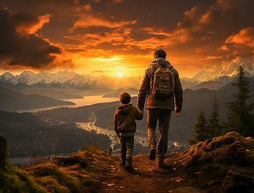 Vader met zijn zoon wandelen in de bergen bij zonsondergang van Animaflora PicsStock