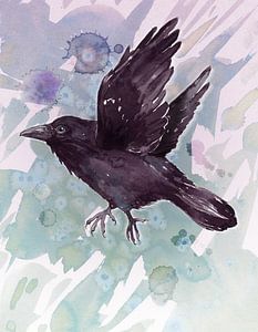 Fliegender Rabe Aquarell mit Flecken