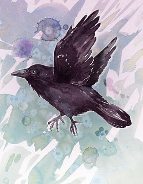 Flying raven watercolor with spots by Bianca Wisseloo