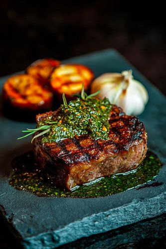 Steak juteux avec sauce aux herbes et légumes
