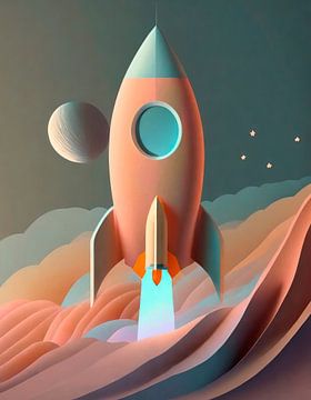 Rocket to the moon - pink fuzz van Fine Art Studios