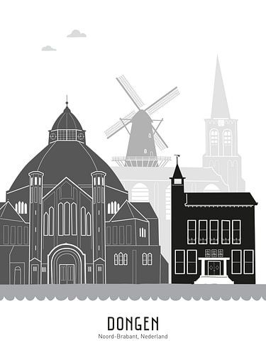 Skyline illustratie stad Dongen in zwart-wit-grijs