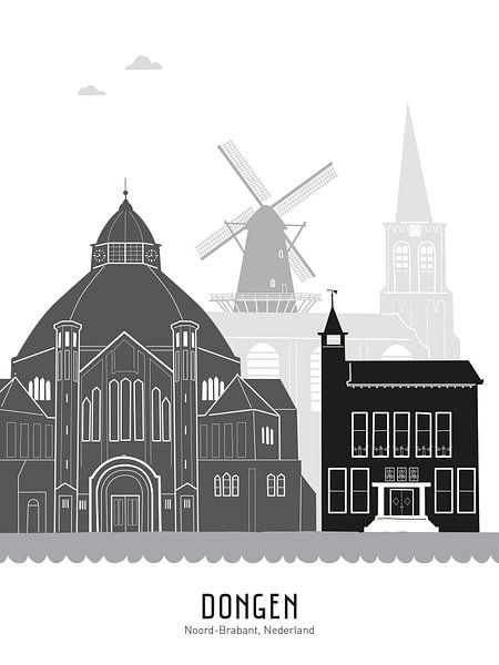 Illustration de la ligne d'horizon de la ville de Dongen en noir et blanc-gris par Mevrouw Emmer