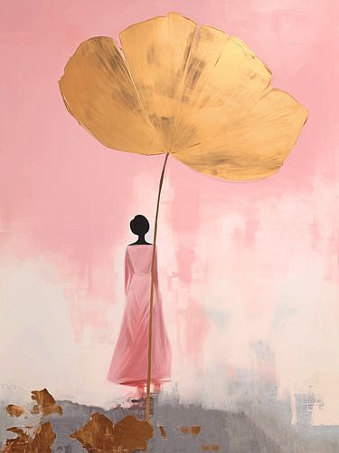 Japandi, Vrouw en Waterlelie in Goud en Roze, Herfst