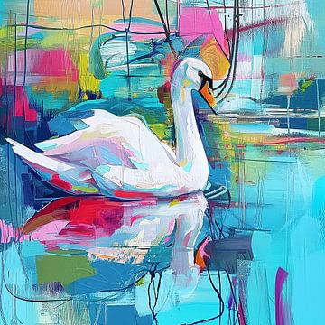 Graceful Swan in Abstract Waters by Color Square