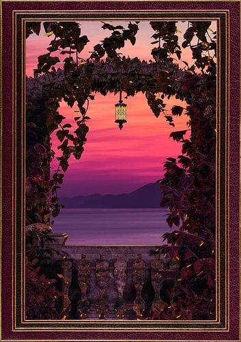 Sunset view with ornate & gold burgundy frame