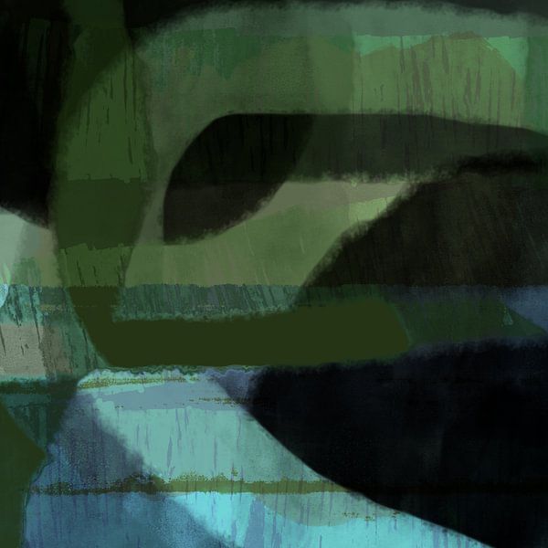 Art moderne abstrait minimaliste. Formes et lignes dans des tons chauds de vert et de turquoise. par Dina Dankers