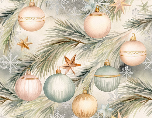 An elegant, repeating Christmas design featuring hand-painted ornaments, stars, fir branches and snowflakes