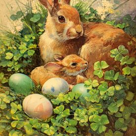 Mère lapine avec son petit dans un champ de trèfles vert printanier sur But First Framing