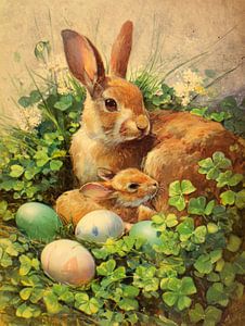 Mère lapine avec son petit dans un champ de trèfles vert printanier