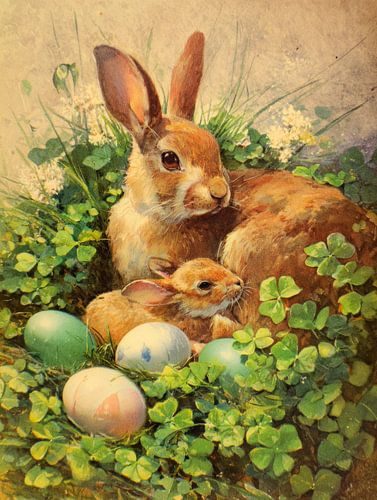 Mother rabbit with young in spring green clover field