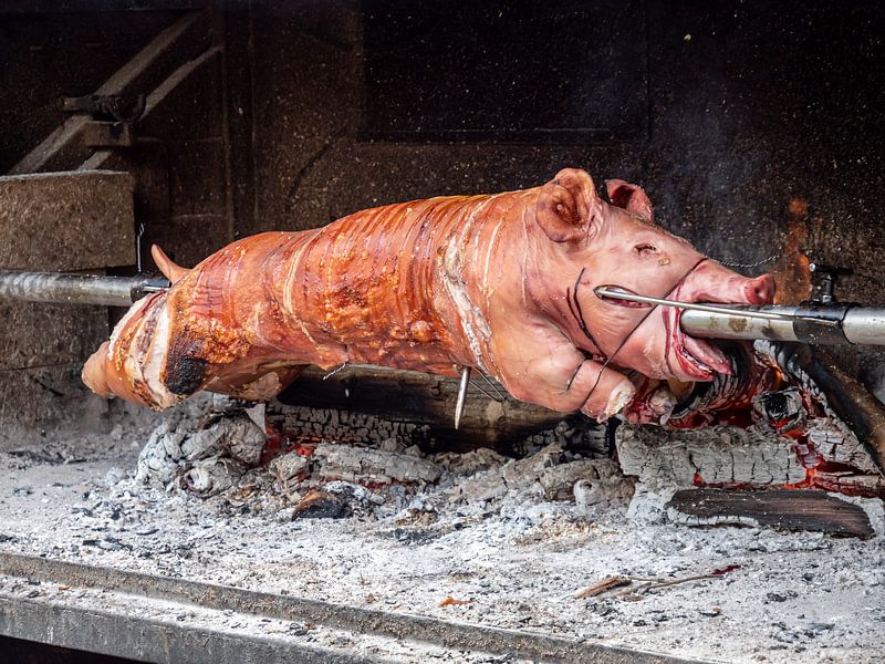 Titel: gegrilltes Spanferkel am Spieß über dem Feuer von Animaflora PicsStock