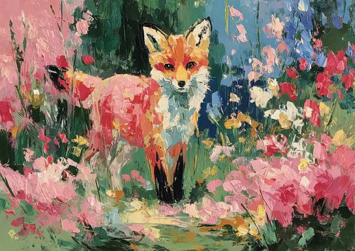 Impressionistische vos in een bloementuin
