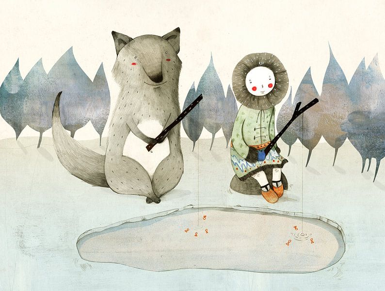 Loup et jeune fille inuit par Judith Loske