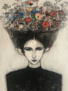 Houtskool gezicht van vrouw met bloemen in haar van Franka Poulain
