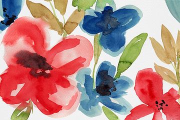 Fleurs rouges et bleues en aquarelle. Art botanique moderne sur Dina Dankers