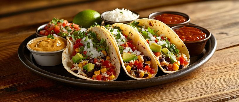 Farbenfrohe Tacos mit Salsa und Limette von Poster Art Shop