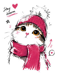Reste au chaud : adorable chaton avec bonnet d'hiver et écharpe « & » – Illustration dessinée à la main