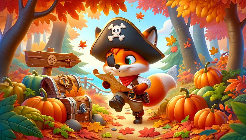 Vossenpiraat op schattenjacht in herfstbos van artefacti