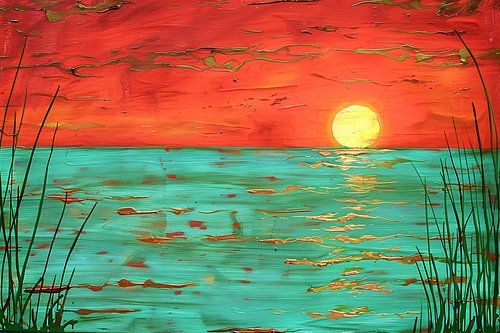 Kleurrijke zonsondergang boven kalm water schilderij