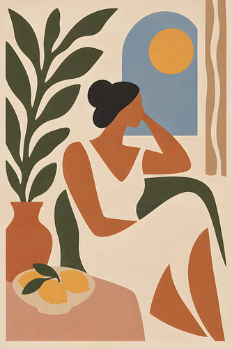 Ein von Matisse inspirierter, besinnlicher Nachmittag – „Minimalistische Frau mit Zitronen und Sonnenlicht“ | Warme, moderne Wandkunst