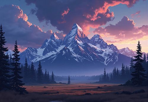 Met sneeuw bedekte bergen bij zonsondergang met groenblijvend bos